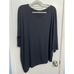 Eileen Fisher Blouse Large Black Jersey Knit 3/4 Dolman Sleeve Asymmetric Office